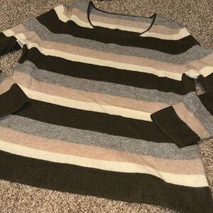 Gorgeous cashmere crewneck striped sweater (olive, white, tan, gray) (L) - EUC!